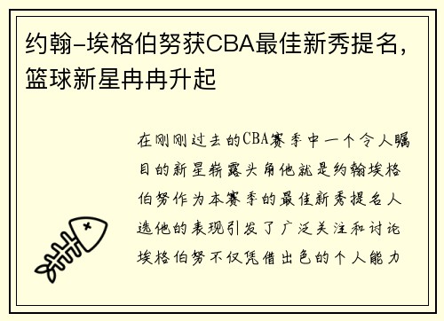 约翰-埃格伯努获CBA最佳新秀提名，篮球新星冉冉升起