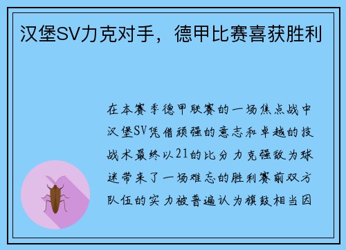 汉堡SV力克对手，德甲比赛喜获胜利