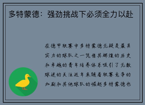 多特蒙德：强劲挑战下必须全力以赴